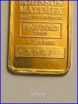 Classic 5 gram Johnson Matthey 9999 Fine Gold Minted Bar / Repeating Logo Back