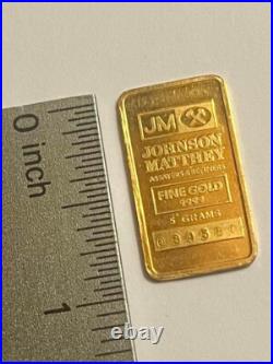 Classic 5 gram Johnson Matthey 9999 Fine Gold Minted Bar / Repeating Logo Back