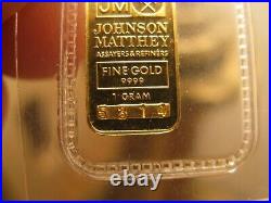 Collectible 1 Gram JM Johnson Matthey 9999 Fine Gold Bullion Bar Sealed 5314