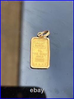 Credit Suisse 1 gram Fine Gold 999.9 Ingot / Bar With Frame & 14k Chain Ring