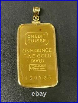Credit Suisse 1ozt. 9999 Fine Gold Bar in 14kt Yellow Gold Bezel, 4mm Bale