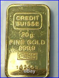 Credit Suisse 20 Gram 999.9 Fine Gold Bar SN 167593