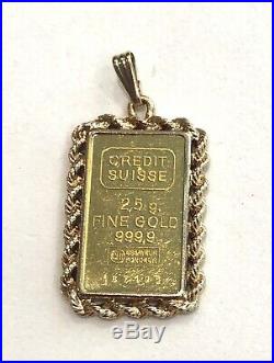 Credit Suisse 2.5 Gram Fine Gold 999.9 Gold Bar In 14k Yellow Gold Rope Bezel