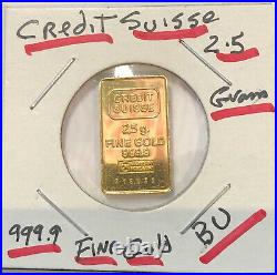 Credit Suisse 2.5 Grams. 999.9 Fine Switzerland Old Gold Bar #316032-nice Bar