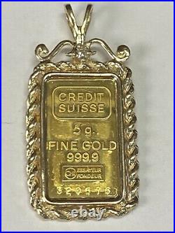 Credit Suisse 5G Bar 999.9 Fine Gold/ 14k Yellow Gold Rope Around Frame