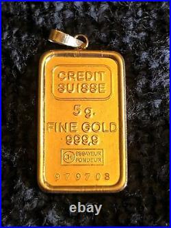 Credit Suisse 5 Gram 24K. 9999 Fine Gold Bar with 14K Bezel SN979708