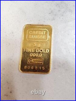 Credit Suisse 5 Gram. 9999 Fine Gold Bar Rare Vintage Logo Back Bar