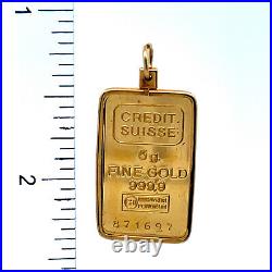 Credit Suisse 5 Gram. 9999 Fine Gold Bar With 14K Y/G Removable Frame Pendant