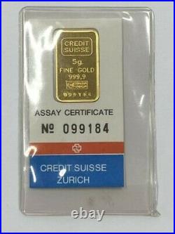 Credit Suisse 5 Gram 999.9 Fine Gold Bar. Sealed