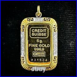 Credit Suisse 5 Gram Fine Gold Bar in 14k Yellow Gold Diamond Bezel