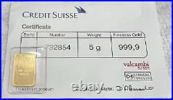 Credit Suisse 5 Gram Gold Bar. 9999 Fine Gold