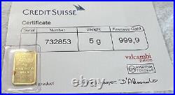 Credit Suisse 5 Gram Gold Bar. 9999 Fine Gold