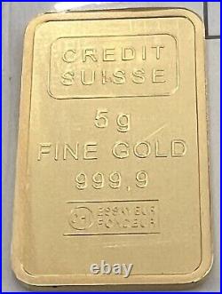 Credit Suisse 5 Gram Gold Bar. 9999 Fine Gold