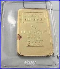 Credit Suisse 5 Gram Gold Bar. 9999 Fine Gold