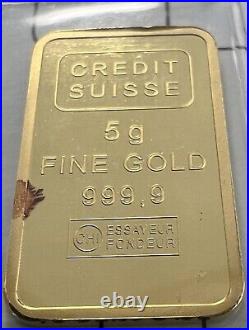 Credit Suisse 5 Gram Gold Bar. 9999 Fine Gold