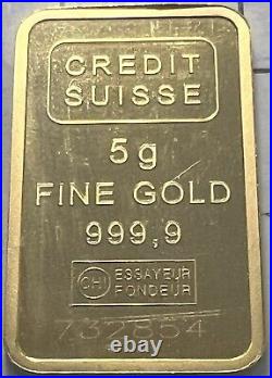 Credit Suisse 5 Gram Gold Bar. 9999 Fine Gold