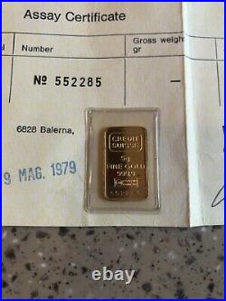 Credit Suisse 5 Gram Gold Bar 999.9 Fine Gold SN 552285