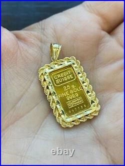 Credit Suisse. 999 Fine Gold 2.5 gram Bar with 14k Rope Chain Bezel Pendant