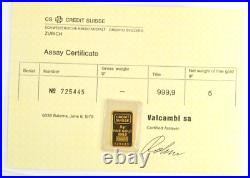 Credit Suisse Essayeur Fonduer 5 Gram. 999 Fine Pure Gold Bar with Certificate Credit Suisse Essayeur Fonduer 5 Gram. 999 Fine Pure Gold Bar with Certificate