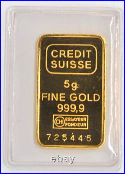 Credit Suisse Essayeur Fonduer 5 Gram. 999 Fine Pure Gold Bar with Certificate Credit Suisse Essayeur Fonduer 5 Gram. 999 Fine Pure Gold Bar with Certificate