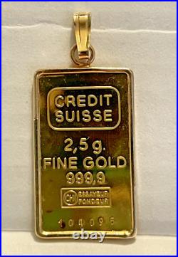 Credit Suisse Gold 2.5 Grams. 9999 Fine Bar with 14k Pendant withAssay