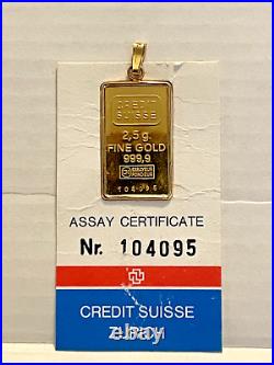 Credit Suisse Gold 2.5 Grams. 9999 Fine Bar with 14k Pendant withAssay