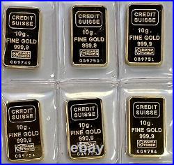 Credit Suisse Liberty 10 gram. 9999 Fine Gold Bar Lot of 6. Sealed