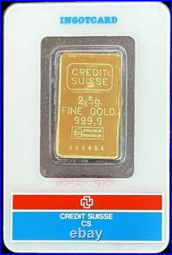 Credit Suisse Switzerland Gold 2.5 Grams. 9999 Fine Bar Sealed Assay Card
