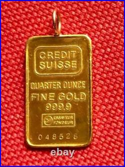 Credit Suisse/Valcambi'QUARTER OUNCE' 999,9 Fine Gold Pendant Bar +14K Bale