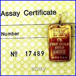 Credit Suisse With Assay Certificate 5g Fine Gold Bar Pendant