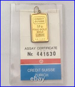 Credit Suisse Zurich 2.5 Grams Fine Gold Bar Ingot. 999 PENDANT 14k Frame Bale