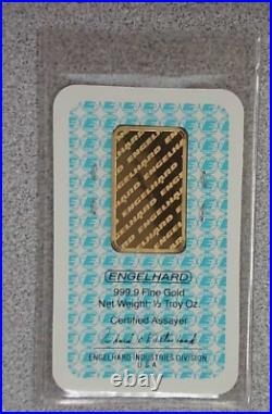 Engelhard 1/2 Ounce Fine Gold 999.9 Bar with Assay Certificate No. 604880 (Sealed)