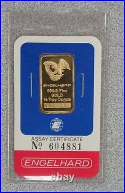 Engelhard 1/2 Ounce Fine Gold 999.9 Bar with Assay Certificate No. 604881 (Sealed)