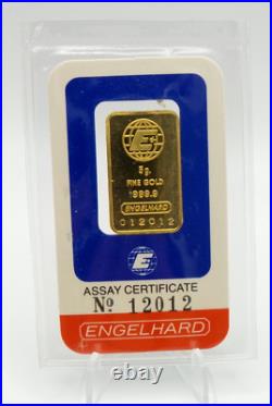 Engelhard 5 Gram 999.9 Fine Gold Bar in Assay Low Serial 12012 Sealed B8389