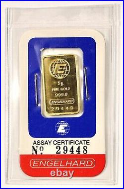 Engelhard 5 Gram Gold Bar in Assay Card-Vintage 999.9 Fine Gold Bar #29448