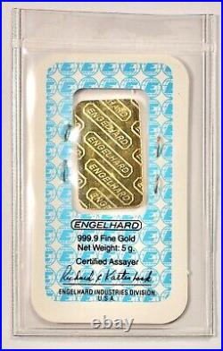 Engelhard 5 Gram Gold Bar in Assay Card-Vintage 999.9 Fine Gold Bar #29448