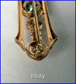 Exquisite 10k Gold Vintage Art Deco Blue Zircon+Diamond Floral Bar Brooch Pin