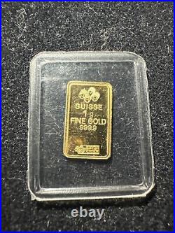 Extremely Rare Vintage Gold Bar 1 Gram Pamp Suisse. 9999 Fine 1970's