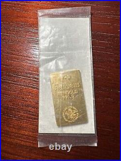 Extremely Rare Vintage Gold Bar Heraeus 10 Grams. 9999 Fine 25 SEP 1961 Swiss