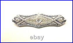 Fabulous @1910 14k White Gold Enamel Filigree Diamond (european Cut) Bar Pin/see