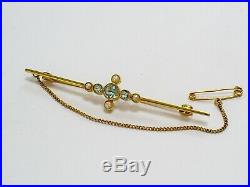 Fine Antique Edwardian 15ct Gold Aquamarine & Seed Pearl Bar Brooch/pin & Box
