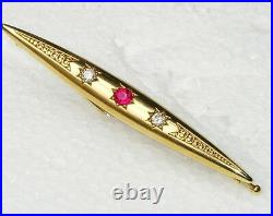 Fine Antique Victorian 14K Gold 1/4 ct. Diamond Ruby Bar Pin Brooch 4.7 g