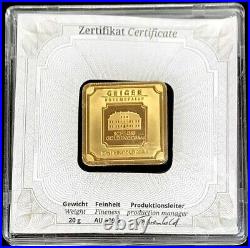 GOLD GEIGER EDELMETALLE 20 GRAMS 9999 FINE SQUARE BAR NEW With ASSAY