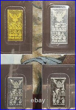 GOLD, SILVER, PLATINUM, PALLADIUM 4PACK 1/2 GRAM SOLID BARS 999+ FINE WithCOA'S 2G