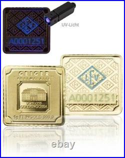 Geiger Edelmetalle Gold 1 Gram Bar Brilliant Uncirculated 24KT. 9999 Fine