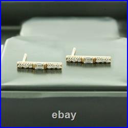 Genuine 14K Gold Round Baguette Diamond Bar Fine Jewelry Earrings