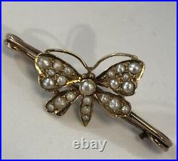 Genuine Antique Victorian 9ct Gold Pearl Butterfly Pretty Bar Brooch. Circa 1900