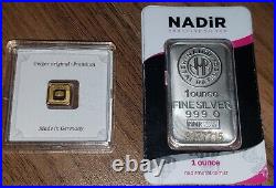 Gieger 1 gram Gold In Assay & Nadir 1 Oz. 999 Fine Silver Bar In Assay
