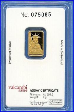 Gold Credit Suisse Liberty Mini-Gram 2 Grams 999.9 Fine Gold Bar in Assay