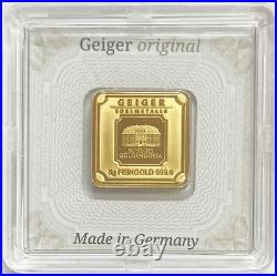 Gold Geiger Edelmetalle 5 Grams 9999 Fine Square Bar / Ingot In Assay Coa